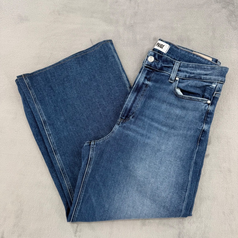 Paige Anessa Womens Sz 32 High Rise Wide Leg Ankle Jeans Blue Distressed Denim